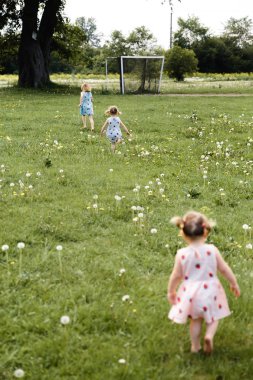 Anne karahindiba üfleme bir parkta onun bebek kız ile kaliteli komik oyun zamanı olan - Genç sarışın hippi - Kızları çilek baskı ile benzer elbiseler giymek - Aile değerleri