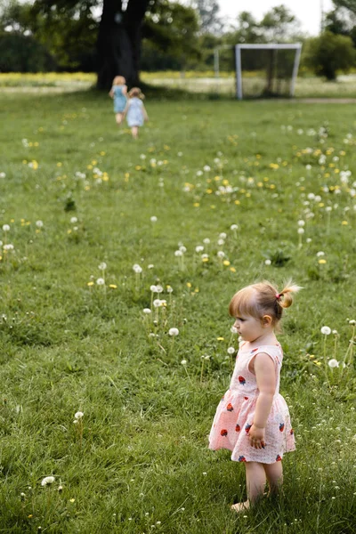 Madre teniendo divertido tiempo de juego de calidad con sus niñas en un parque soplando diente de león - Joven hippie rubia - Hijas usan vestidos similares con estampado de fresa - Valores familiares —  Fotos de Stock