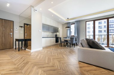 Modern oturma odası ve mutfak şık daire