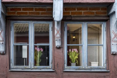 Eski mimari pencere ayrıntılı olarak İsveççe kasaba Ystad, Skane County.