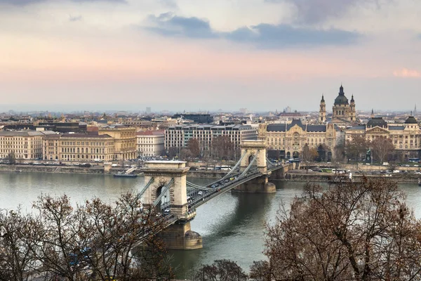 stock image Panorama of Budapest, Hungary, with the Chain Bridge during winter time