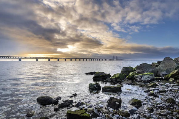 Vista Del Puente Oresund Atardecer Sobre Mar Báltico — Foto de Stock