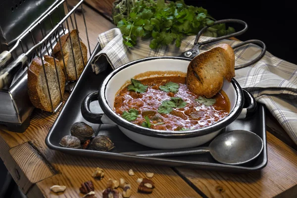 Traditional Georgian Kitchen Soup Kharcho Meat Rice Fresh Coriander Wooden — Stock Photo, Image