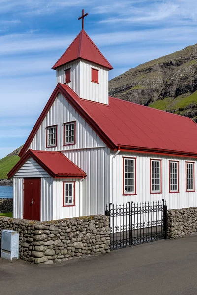 Kościół Wiosce Tjornuvik Wyspach Owczych Ocean Atlatntic Dania — Zdjęcie stockowe