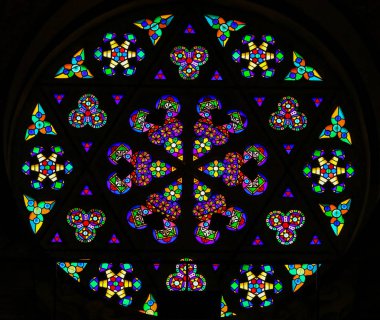 Valencia, İspanya - 15 Haziran 2018: Cam gül pencere Star Kral David 13. yüzyılda kilise San Nicolas veya Saint Nicholas Valencia ile lekeli