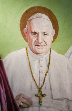 Valencia, İspanya - 15 Haziran 2018: Aziz Nikolaos Kilisesi fresk ve Saint Peter şehit Valencia, İspanya, Papa'nın Saint John XXIII tasvir