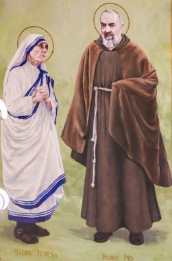 Valencia, İspanya - 15 Haziran 2018: Açık havada Valencia, Padre Pio ya da Aziz Pio Pietrelcina ve Rahibe Teresa ya da Azize Teresa Kalküta St. Nicholas Kilisesi