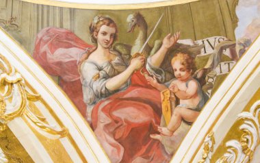 Valencia, İspanya - 15 Haziran 2018: 17 yüzyıl fresk Kilisesi Saint Nicholas ve Saint Peter şehit Valencia, İspanya, athe Kardinal erdem adalet tasvir