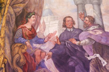 Valencia, İspanya - 15 Haziran 2018: 17 yüzyıl fresk Kilisesi Saint Nicholas ve Saint Peter şehit Valencia, İspanya, Bari Saint Nicholas hayat sahnesinde tasvir. 