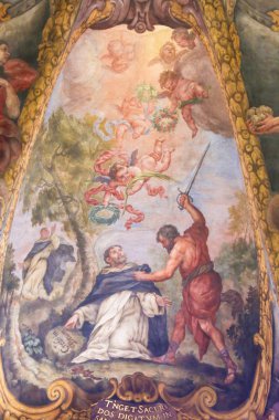 Valencia, İspanya - 15 Haziran 2018: Barok fresk St. Nicholas Kilisesi içinde ve Peter şehit Valencia, İspanya, suikast St Peter Martyr ya da Peter Verona Balsamo Carino tarafından tasvir eden
