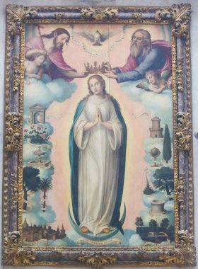 Valencia, İspanya - 15 Haziran 2018: taç giyme töreni Meryem tarafından Holy Trinity, Baba, oğul ve kutsal ruh, Valencia, İspanya, boyama