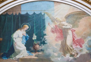 Valencia, İspanya - 15 Haziran 2018: Açık havada bakire Meryem ve duyuru, cebrail Basilica Valencia, İspanya