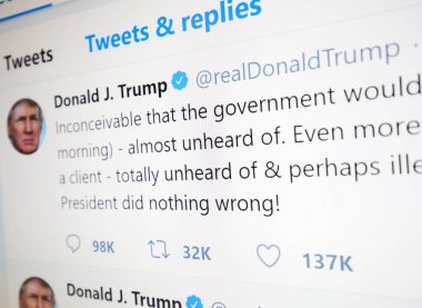 Brussels, Belçika - 21 Temmuz 2018: Donald J. Trump, 45 Cumhurbaşkanı ABD Resmi twitter sayfası.