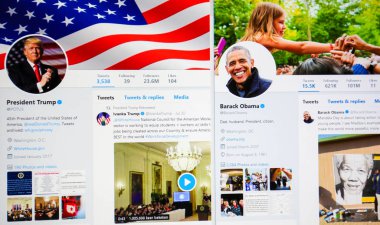 Brussels, Belçika - 21 Temmuz 2018: Donald J. Trump ve Barack Obama, 45 ve 44 Cumhurbaşkanı ABD Resmi twitter sayfası.