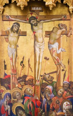 Valencia, İspanya - 15 Haziran 2018: Ortaçağ iyi Cuma günü İsa Çarmıhta tasvir Retable Kilisesi Valencia, İspanya,