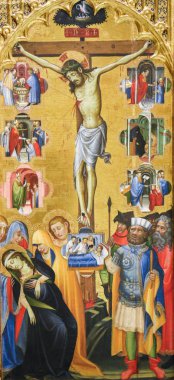 Valencia, İspanya - 15 Haziran 2018: Ortaçağ iyi Cuma günü İsa Çarmıhta tasvir Retable Kilisesi Valencia, İspanya,