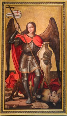 Valencia, İspanya - 15 Haziran 2018: Valencia, İspanya, Ortaçağ boyama Saint Michael Archangel şeytan cinayetin tasvir