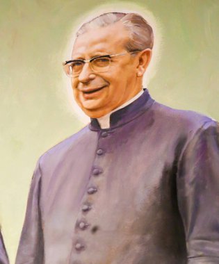 Valencia, İspanya - 15 Haziran 2018: Açık havada, Alvaro del Portillo, Başrahibe Opus Dei, kilise Saint Nicholas ve Saint Peter şehit Valencia, İspanya