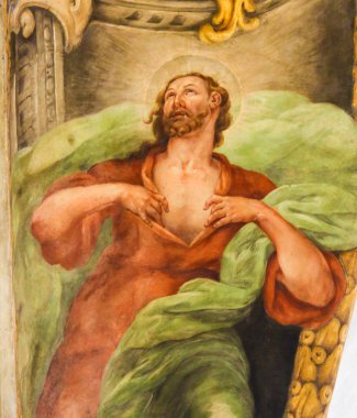 Valencia, İspanya - 15 Haziran 2018: 17 yüzyıl fresk Kilisesi Saint Nicholas ve Saint Peter şehit Valencia, İspanya, İsa ve bir melek tasvir