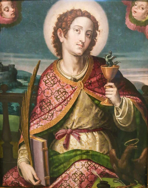 Valencia Spanien Juni 2018 Medeltida Målning Sankt Johannes Evangelisten Håller — Stockfoto