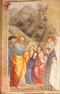 Florence, İtalya - 9 Ağustos 2018: St Peter Preaching, Masolino, Brancacci Chapel Floransa, İtalya'nın ünlü erken Rönesans fresk tarafından