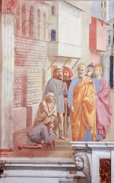 意大利佛罗伦萨 2018年8月9日 圣彼得用他的影子医治病人 马萨乔 意大利佛罗伦萨 Brancacci 教堂著名的早期文艺复兴壁画 — 图库照片