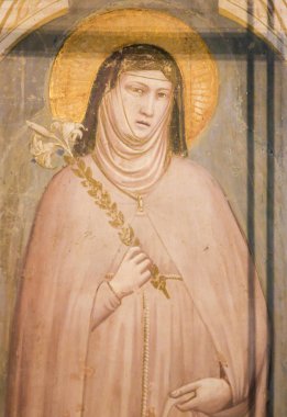 Florence, İtalya - 9 Ağustos 2018: Fresk Saint Clare Bardi Chapel Basilica Santa Croce, Florence, İtalya.