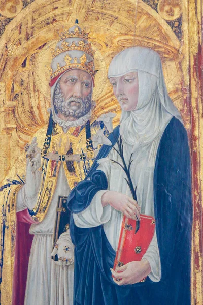意大利皮恩扎 2018年8月6日 在意大利皮恩扎大教堂绘画 描绘锡耶纳的圣凯瑟琳和教皇 — 图库照片