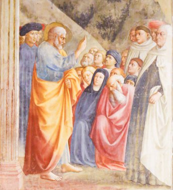 Florence, İtalya - 9 Ağustos 2018: St Peter Preaching, Masolino, Brancacci Chapel Floransa, İtalya'nın ünlü erken Rönesans fresk tarafından