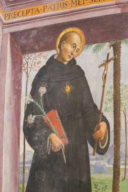 San Gimignano, İtalya - 11 Temmuz 2017: Saint Dominic, açık havada içinde kilise, Sant Agostino (St Augustine), San Gimignano, Toskana, İtalya'nın en eski kiliselerinden biri