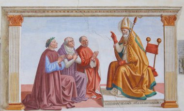 San Gimignano, İtalya - 11 Temmuz 2017: fil önünde diz çökmüş insanların tasvir fresk San Gimignano, Toskana, İtalya, Sant Agostino Kilisesi