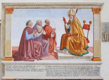 San Gimignano, İtalya - 11 Temmuz 2017: fil önünde diz çökmüş insanların tasvir fresk San Gimignano, Toskana, İtalya, Sant Agostino Kilisesi