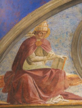 San Gimignano, İtalya - 11 Temmuz 2017: Rönesans Collegiata veya Collegiate Kilisesi, San Gimignano, İtalya büyük Papa Aziz Gregory tasvir Fresco.