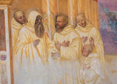 Monte Oliveto Maggiore, İtalya - 6 Ağustos 2018: Fresk müştemilat, Monte Oliveto bir sahnede St Benedict yaşam tasvir Maggiore, Siena, Toskana, İtalya,