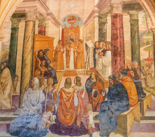 Oliveto 意大利 2018年8月6日 Monastry 的壁画 靠近锡耶纳 托斯卡纳 意大利 描绘圣笃给两个修女的死后赦免 — 图库照片