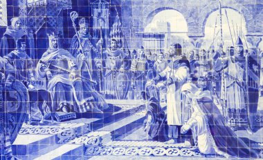 Porto, Portugal - June 4, 2014: Azulejo panel in the Sao Bento Railway Station in Porto, Portugal, depicting the meeting of the knight Egas Moniz and Alfonso VII of Leon clipart