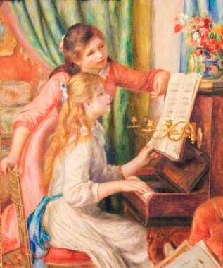 Brussels, Belçika - 10 Temmuz 2018: Genç kızlar piyanoda (Fransızca: Jeunes filles au piyano) Fransız sanatçı Pierre-Auguste Renoir, 1892 yılında oluşturulan tarafından ünlü bir tablodur