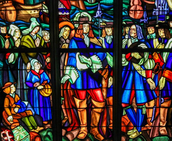 Mortagne Perche France July 2015 Stained Glass Depicting Departure Pierre — Stock Photo, Image