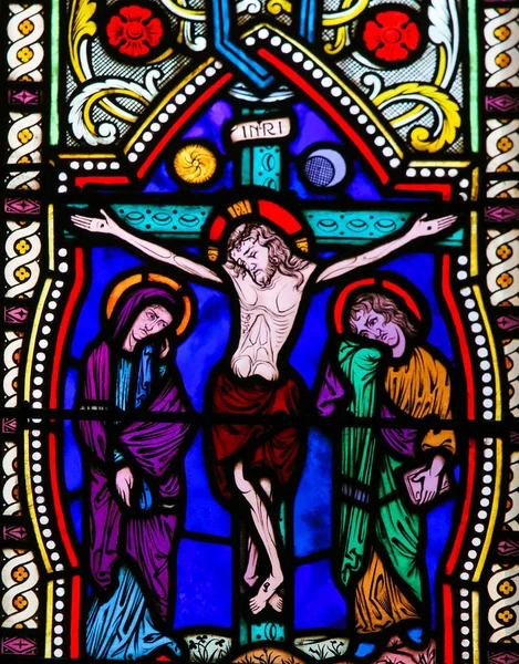 Monaco November 2018 Stained Glass Cathedral Monaco Depicting Jesus Cross — Stock Photo, Image