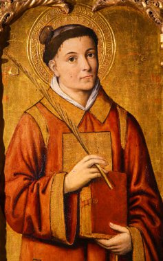 Monaco - 13 Kasım 2018: Boyama Saint Stephen, Aziz veya Altarpiece, St Nicolas (1500) Monako Katedrali üzerinde Hıristiyanlığın ilk şehit
