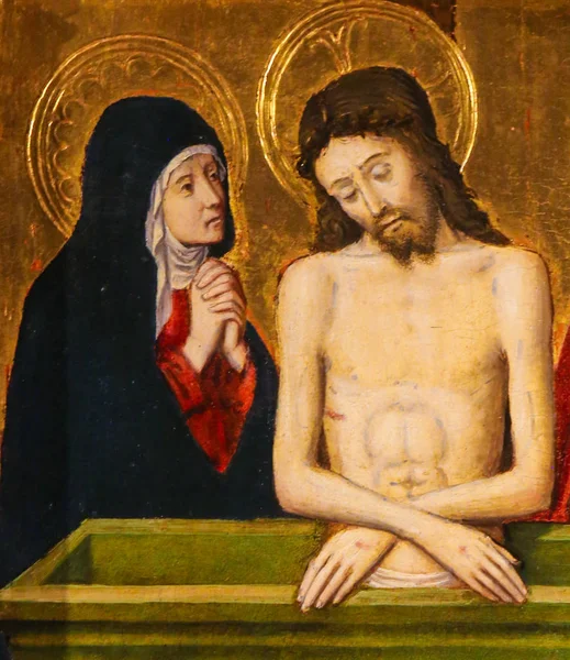 摩纳哥 2018年11月13日 耶稣和玛丽母亲在耶稣受难日的绘画 在摩纳哥大教堂的圣尼古拉斯 1500 的祭坛上 — 图库照片