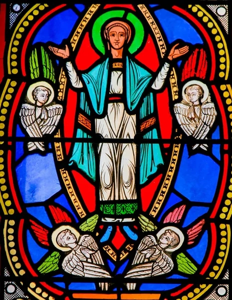 Monaco November 2018 Stained Glass Cathedral Monaco Depicting Assumption Mary — Stock Photo, Image