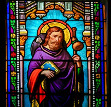 Antibes, France - November 16, 2018: Stained Glass in the Church of Antibes, France, depicting Saint James the Greater, one of the Twelve Apostles clipart