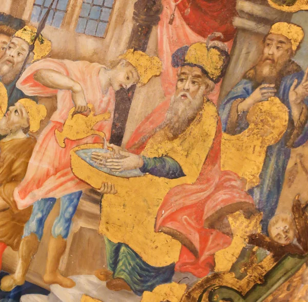 Fresco de Jesús llevado ante Poncio Pilato en la Iglesia de la H — Foto de Stock