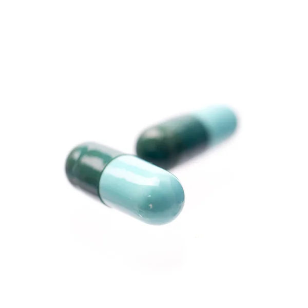 Cápsulas Medicamento Para Las Cápsulas Antibióticas Azules Verdes —  Fotos de Stock