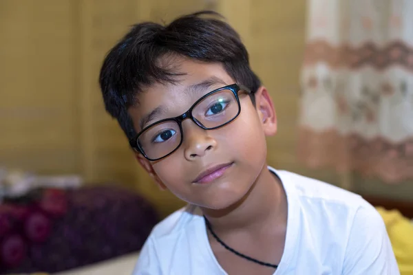 Asian Boy Wearing White Shirt Glasses Happy — Stock Photo, Image