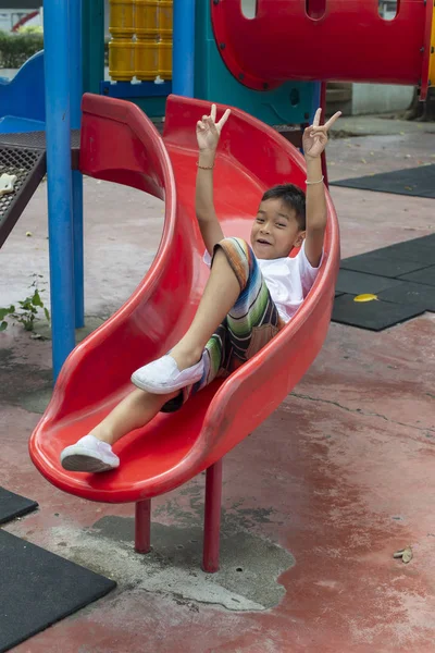 Portrait Cute Asia Boy Smiling Happily Playing Color Playground — Stock Photo, Image