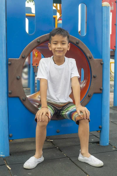Portrait Cute Asia Boy Smiling Happily Playing Color Playground — Stock Photo, Image