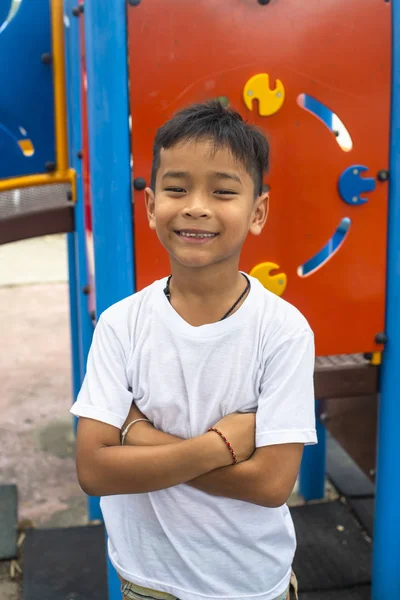 Portrait Cute Asia Boy Smiling Happily Playing Color Playground — Stock Photo, Image