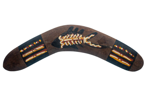 Yala Province, Thailand, August 16, 2020. illustrative editorial Wooden Boomerang isolated on white background.